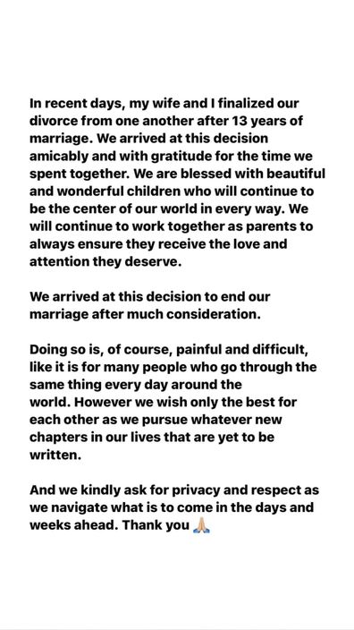 Instagram Story statement from Tom Brady on his divorce from Gisele Bundchen