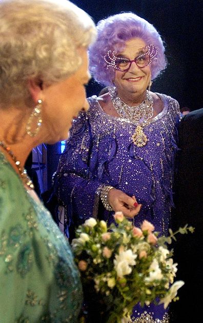Dame Edna with Queen Elizabeth at the 75th Royal Variety Performance in 2003.