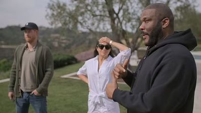 Prince Harry and Meghan Markle with Tyler Perry in docuseries Harry & Meghan 