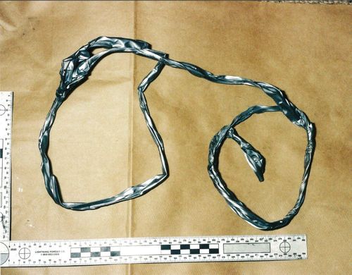 A supplied image obtained on October 3, 2017 of Duct tape found at the scene of Kath Burgamin's home after her disappearance in August 2002. 