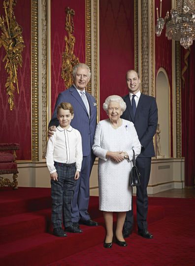 Queen Elizabeth, Prince Charles, Prince William and Prince George pose for a photo to mark the start of the new decade in the Throne Room of Buckingham Palace, London.