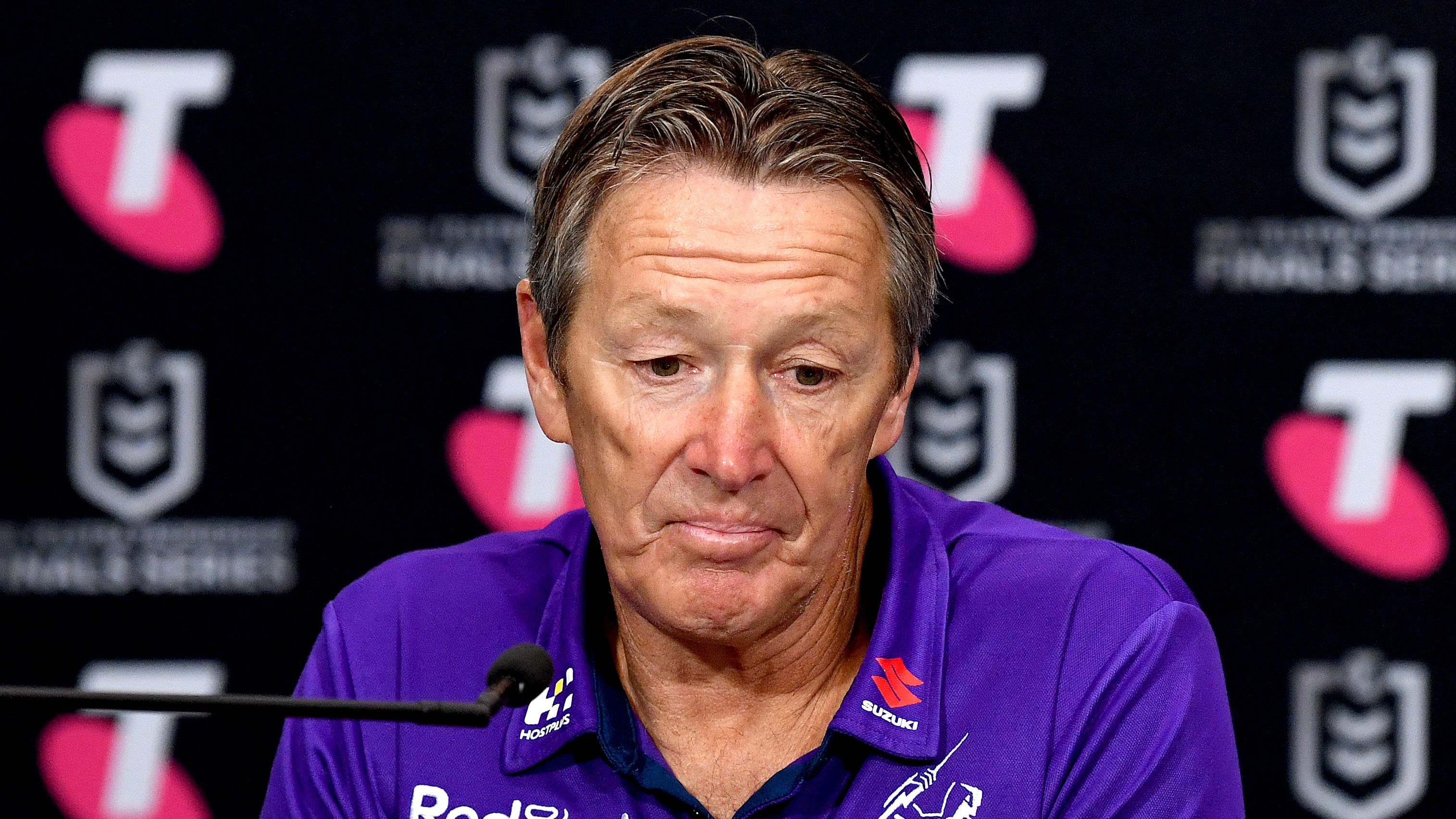 Coach Craig Bellamy of the Melbourne Storm speaks during a press conference.