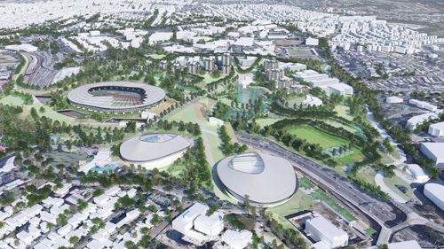 Victoria Park ve Spring Hill'in Brisbane 2032'de nasıl görüneceğine dair bir sanatçının tasviri.