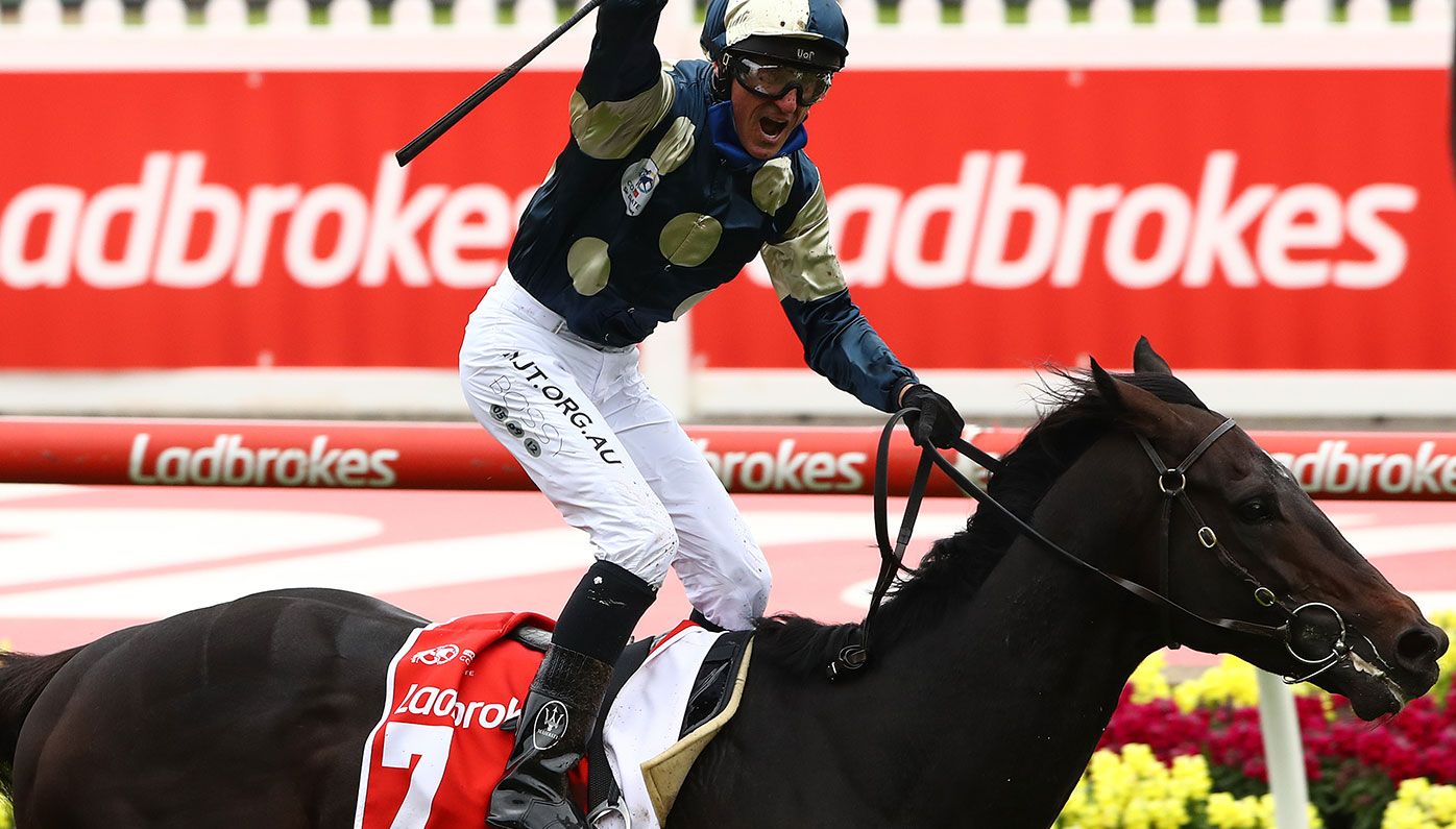 Glenn Boss on Sir Dragonet takes out the Cox Plate at Moonee Valley.