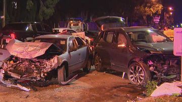 Five men were hospitalised after a six-car crash in Strathfield.