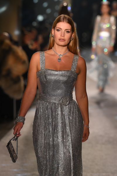 Lady Kitty Spencer walks the runway at the Dolce &amp; Gabbana show during Milan Fashion Week, February, 2018.