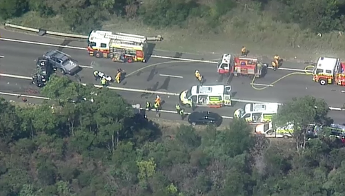 Emergency services remain on scene after hree vehicles, including one with a police officer, were involved in a serious crash in Lucas Heights this afternoon.