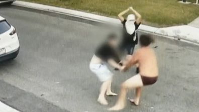 One underwear-clad man trying to protect his property this morning was turned upon by a group of five kids with the violent exchange all caught on camera.The Mermaid Waters neighbourhood on the Gold Coast was probably just as startled by the 4.30am fracas as five young home invaders were by a nearly naked Steve Middleton.