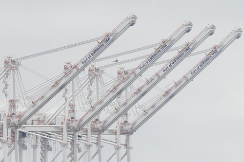 Cranes stand idle on Wednesday, March 27, 2024, in Baltimore, Md. 