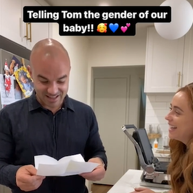 The Block's Sarah-Jane reveals unborn baby's gender to partner Tom with a funny poem. 