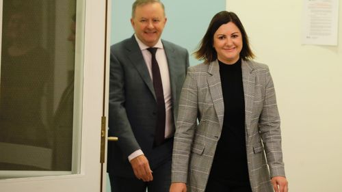 Opposition Leader Anthony Albanese and Kristy McBain who will run for preselection for the seat of Eden-Monaro, during a press conference at Parliament House in Canberra on Friday, 1 May 2020.