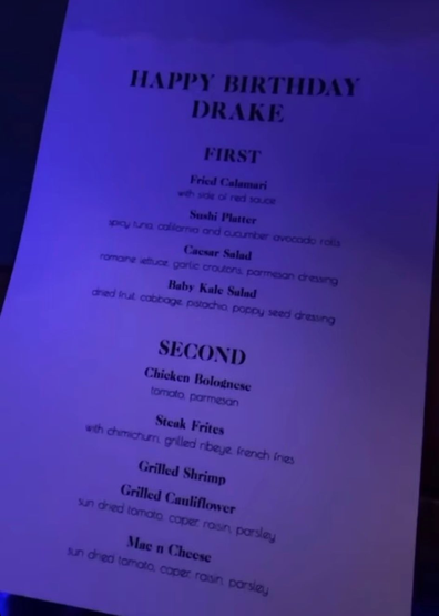 Drake's birthday menu