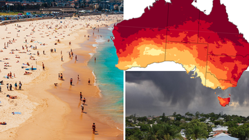 Australians during hot summer weather and a weather map.