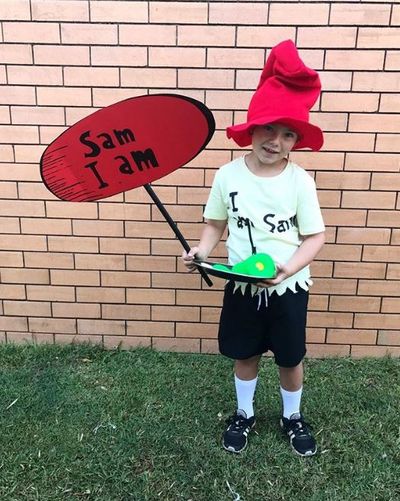 Sam I Am from Green Eggs and Ham. Who doesn't have shorts and a tee shirt and some coloured green card for the eggs. Easy. Get a Dr Seuss hat from <a href="https://www.costumebox.com.au/dr-seuss-cat-in-the-hat-kids-hat.html?gclid=EAIaIQobChMI2JvgsoTg1QIViYK9Ch0BJwJBEAQYASABEgJ5-_D_BwE" target="_blank">here</a>.