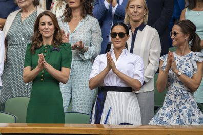 Pippa joins Kate and Meghan at Wimbledon on July 13, 2019 in London, England. 