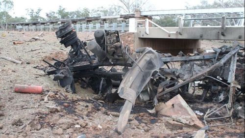 Two bridges were brought down when a truck fire triggered a massive explosion near Charleville. (QLD Police)