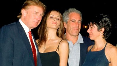 Donald Trump and his girlfriend (and future wife), former model Melania Knauss, financier Jeffrey Epstein, and British socialite Ghislaine Maxwell pose together at the Mar-a-Lago club, Palm Beach, Florida, February 12, 2000.