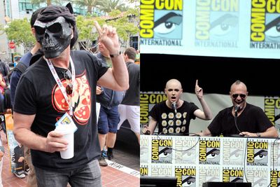 <i>Walking Dead</i> star Michael Rooker tried to go incognito in a skull mask, before hitting the stage for the Marvel panel with a now bald <b>Karen Gillan</b>.<br/><br/>Images: Zodiac / Splash News/Getty