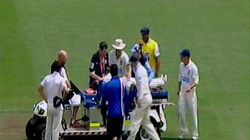 Australian cricket Phil Hughes pictured on a stretcher after being struck by a ball while playing for South Australia at the SCG. (Supplied)