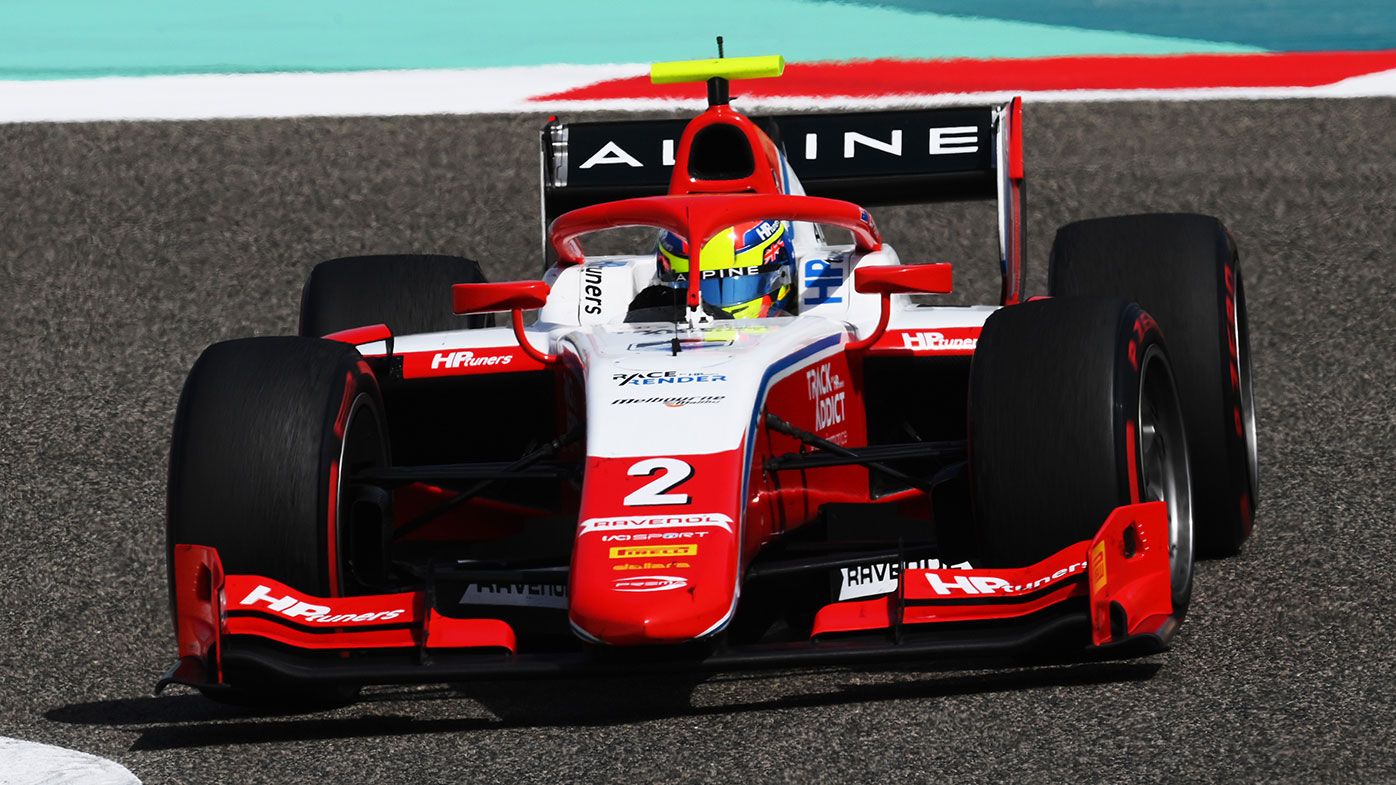 Oscar Piastri driving in the Bahrain F2 race for Prema Racing.