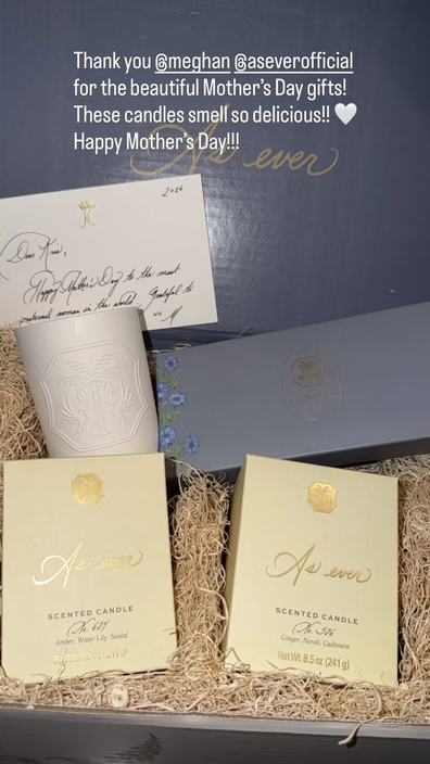 Meghan shared this thank you message from Kris Jenner, who as always received goods from the Duchess of Sussex for Mother's Day, May 2026.
