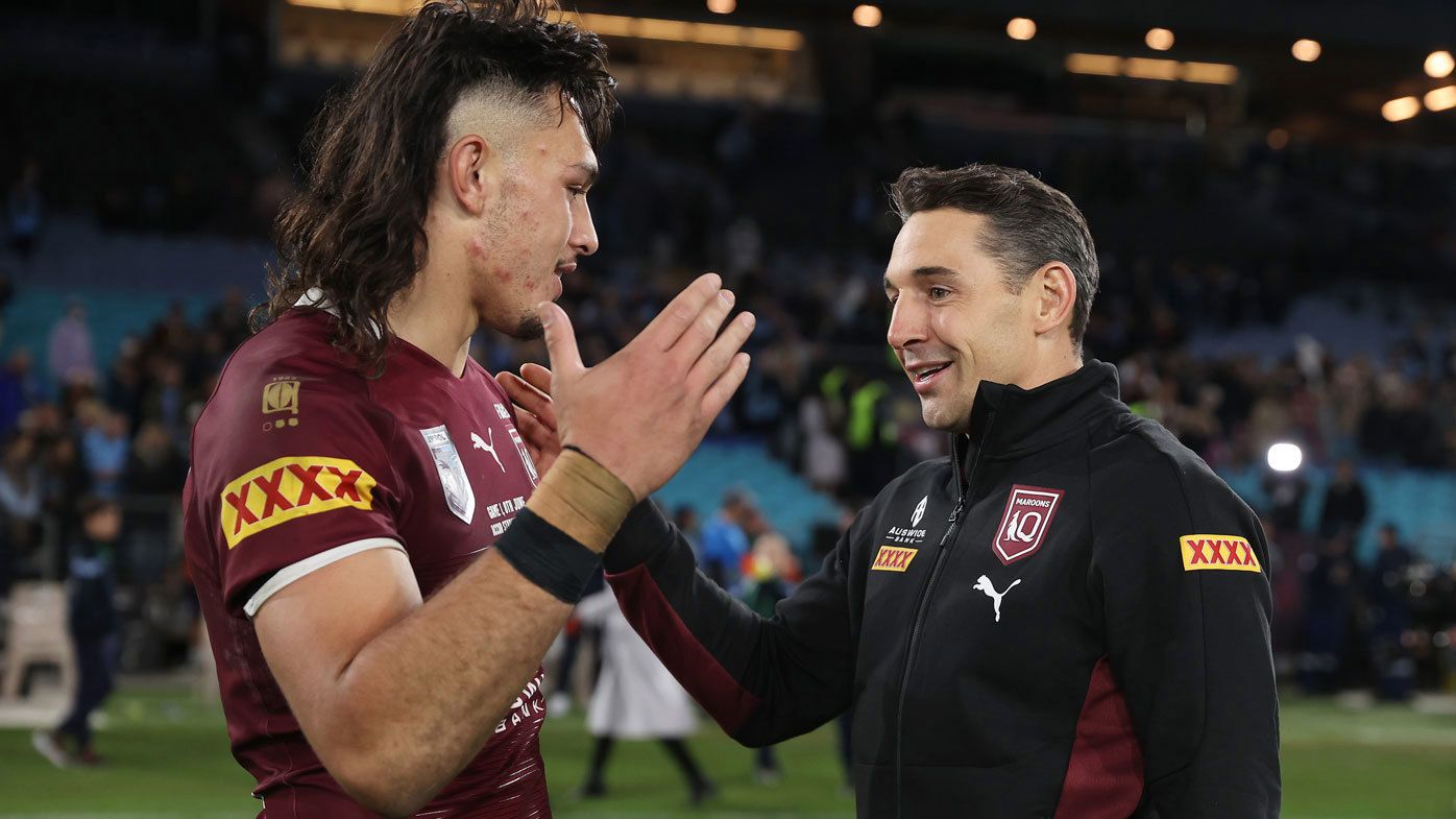 Tino Fa&#x27;asuamaleaui is congratulated by Queensland coach Billy Slater after winning Origin I in 2022.