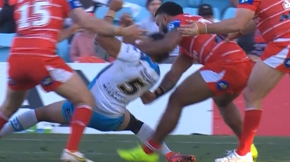 Dragons forward Francis Molo was sent off for this coathanger on Patrick Herbert.