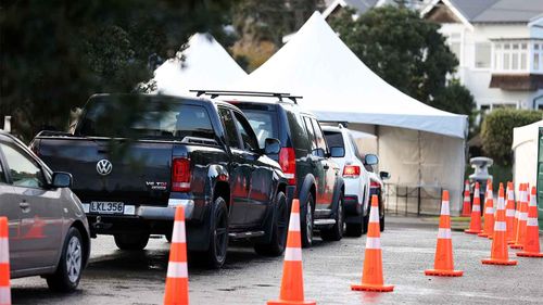 Cars queue up for coronavirus testing in Auckland, New Zealand.