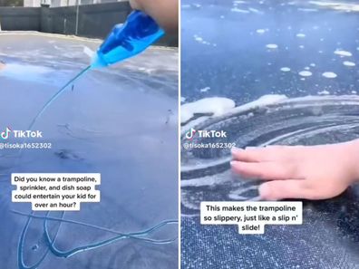 Mum on TikTok turns trampoline into slip and slide. 