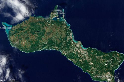 The US island territory of Guam in the western Pacific is a key military base. (NASA).
