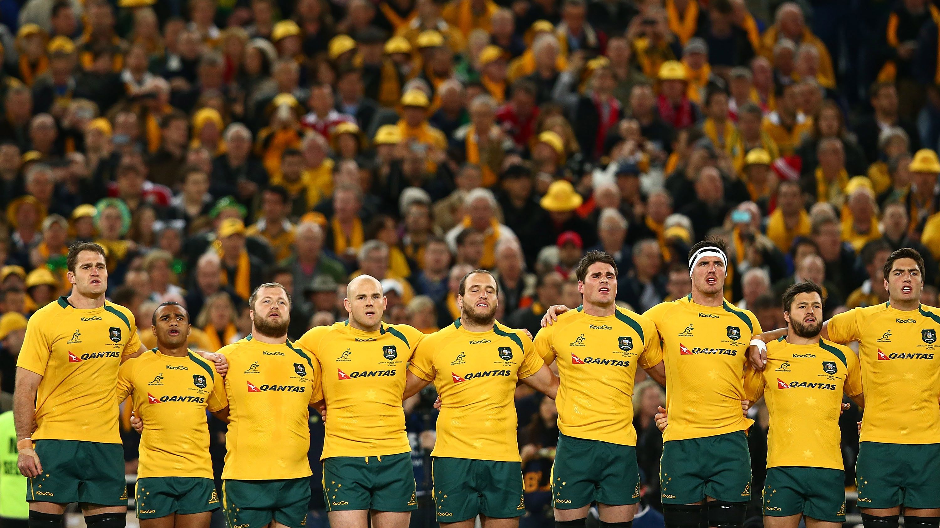 The Wallabies sing the national anthem in Sydney during the 2013 British &amp; Irish Lions Test.