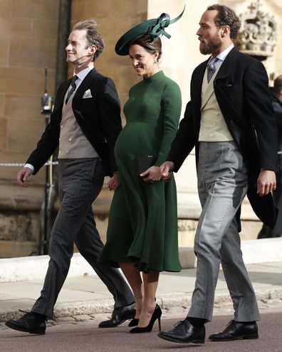 Pippa Middleton, center, arrives with her husband James Matthews, left, and her brother James Middleton for the wedding of Princess Eugenie of York and Jack Brooksbank at St George's Chapel, Windsor Castle, near London, England, Friday, Oct. 12, 2018. (AP Photo/Alastair Grant, Pool)