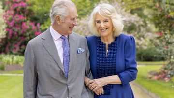 King Charles III and Queen Camilla stand in Buckingham Palace Gardens on Wednesday April 10, 2024, the day after their 19th wedding anniversary.    