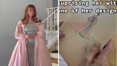 Julia surprises her grandmother with real life creations of her old fashion sketch designs.