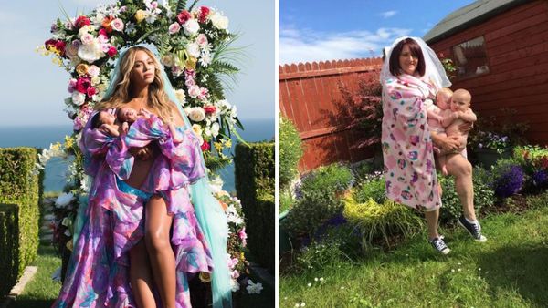 Floral tribute: Parents everywhere are recreating Beyoncé 's baby reveal with hilarious results. Image: Facebook
