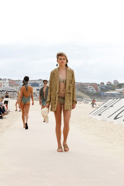 Jacket:
Manning Cartell, $649 at <a href="http://www.theiconic.com.au/military-precision-jacket-397410.html" target="_blank">The Iconic</a><br>
Bikini:
Nookie Beach, $59 at <a href="http://www.theiconic.com.au/sugar-baby-vintage-briefs-433611.html" target="_blank">The Iconic</a><br>
Shoes:
Urge, $99.95 at <a href="http://www.theiconic.com.au/ruby-398190.html" target="_blank">The Iconic</a><br>