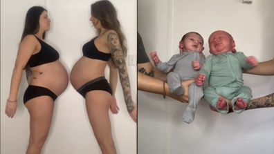 Left: sisters bumping pregnant bellies together, Right: two babies