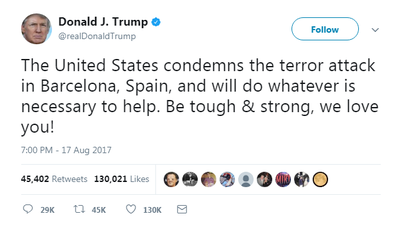 US President Donald Trump initially send this tweet about the Barcelona terror attack