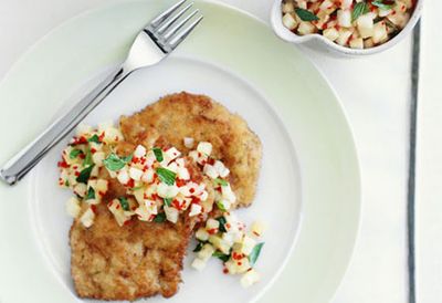 Crumbed pork steaks with pineapple, lime and chilli mojo