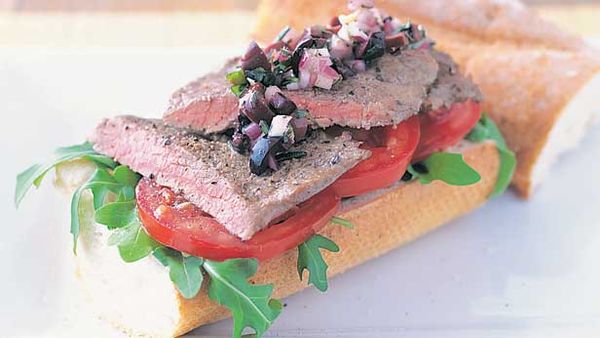 Steak sandwich with olive relish
