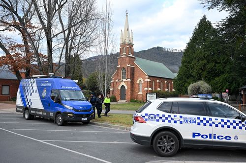 Porepunkah police shooting. Police at the main Street of Bright.  2nd September 2025, The Age news Picture by JOE ARMAO