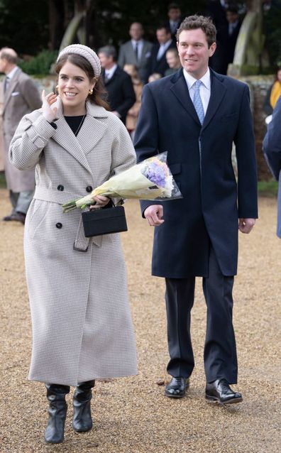 SANDRINGHAM, NORFOLK - DECEMBER 25:  Princess Eugenie and Jack Brooksbank attend the Christmas Day service at St Mary Magdalene Church on December 25, 2022 in Sandringham, Norfolk. King Charles III ascended to the throne on September 8, 2022, with his coronation set for May 6, 2023. (Photo by UK Press Pool/UK Press via Getty Images)