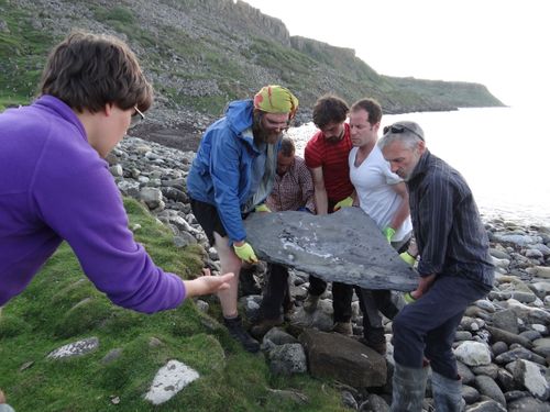 Researchers remove the unusually well-preserved skeleton of a previously unknown pterosaur, discovered on the Isle of Skye, off the west coast of Scotland.