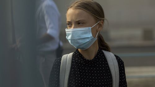 Swedish climate activist Greta Thunberg arrives for the meeting with German Chancellor Angela Merkel on August 20, 2020 in Berlin, Germany