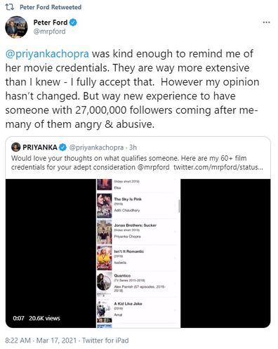 Priyanka Chopra hits back at Aussie journalist Peter Ford, Oscars nominations 2021