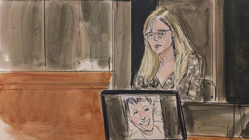 In this courtroom sketch, Annie Farmer testifies on the witness stand during the Ghislaine Maxwell sex abuse trial. 