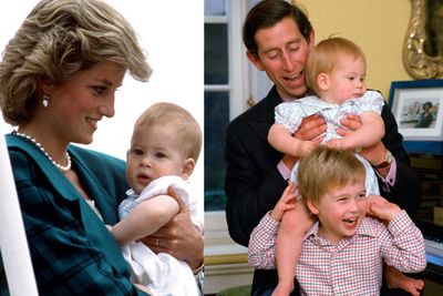 In 1985, Charles and Diana welcomed their second son,<b> Prince Harry</b> to the world. On the left, Di holds Harry on the Royal Yacht, Brittania, on her tour of Italy. On the right, Charles relaxes with his sons at home. Harry still looks so innocent!