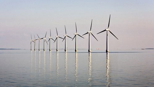 An offshore wind farm stands in the water near the Danish island of Samso.