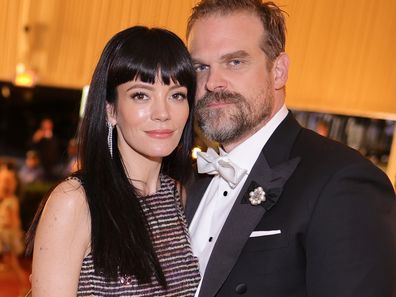 NEW YORK, NEW YORK - MAY 02: (Exclusive Coverage) (L-R) Lily Allen and David Harbour depart The 2022 Met Gala Celebrating "In America: An Anthology of Fashion" at The Metropolitan Museum of Art on May 02, 2022 in New York City. (Photo by Matt Winkelmeyer/MG22/Getty Images for The Met Museum/Vogue )