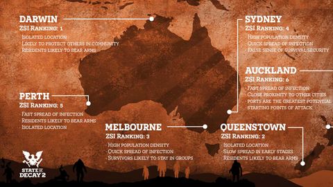 This map from Xbox Australia documents the rankings of Australasian cities during a zombie apocalypse.